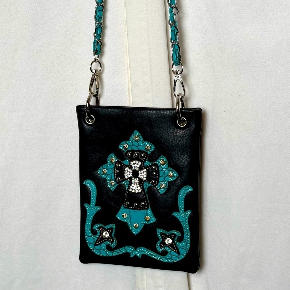 Faux‎ Leather/Turquoise Western Theme Crossbody Bag EUC